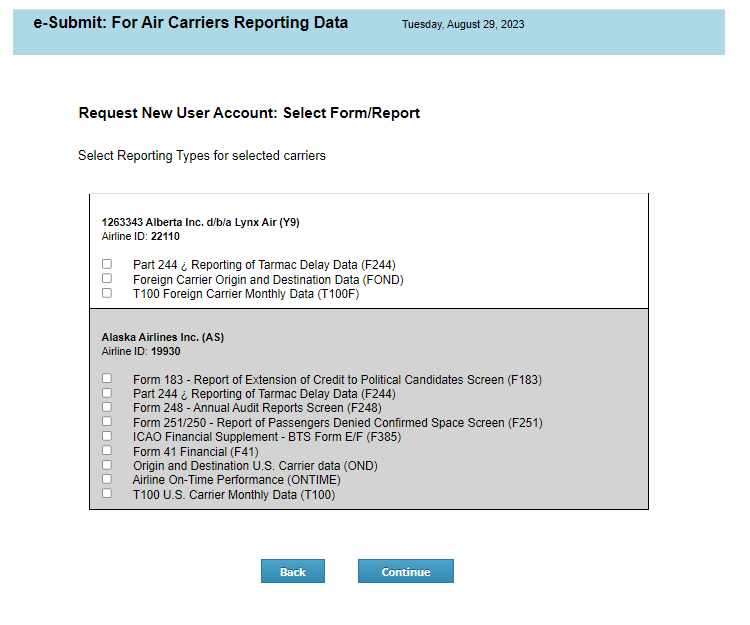 Figure 4: Request New User Account: Select Form/Report
