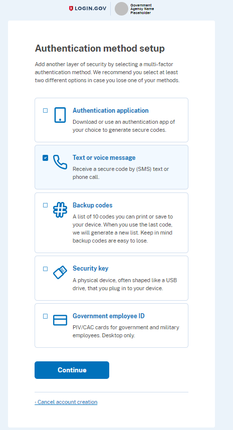 MFA selection and setup in Login.gov