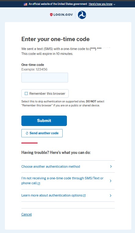 One-time code entry with optional Remember this browser