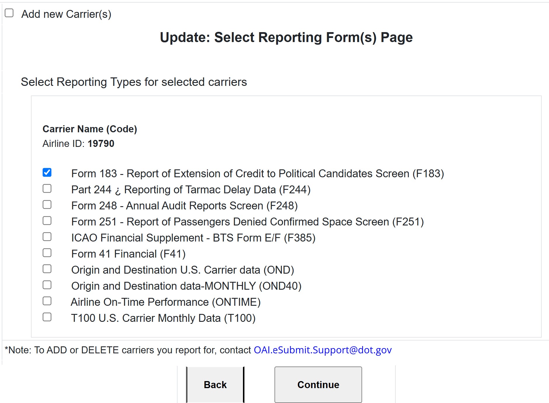 Figure 13: Update: Select Reporting Form(s)