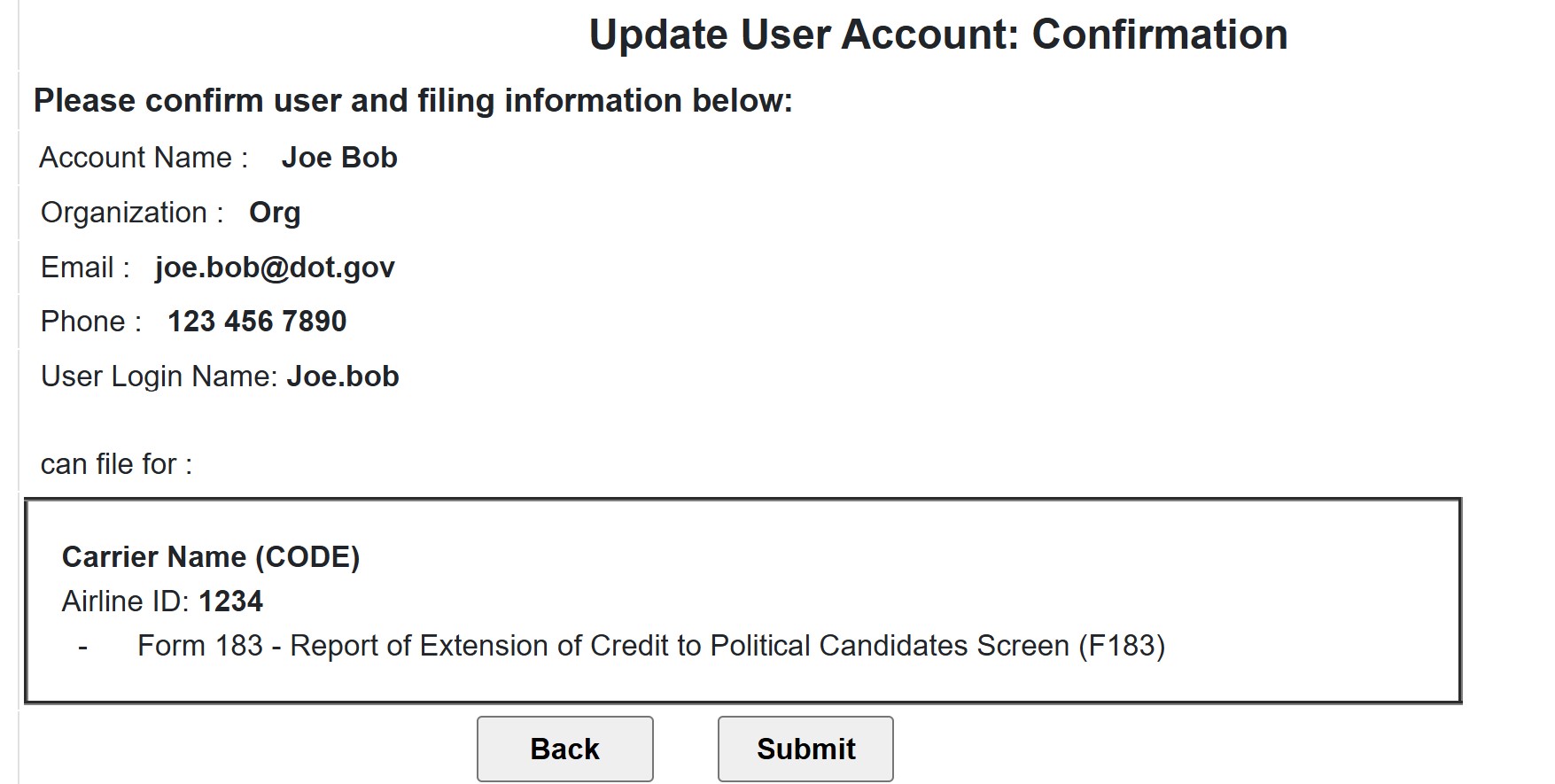 Figure 14: Update User Account: Confirmation