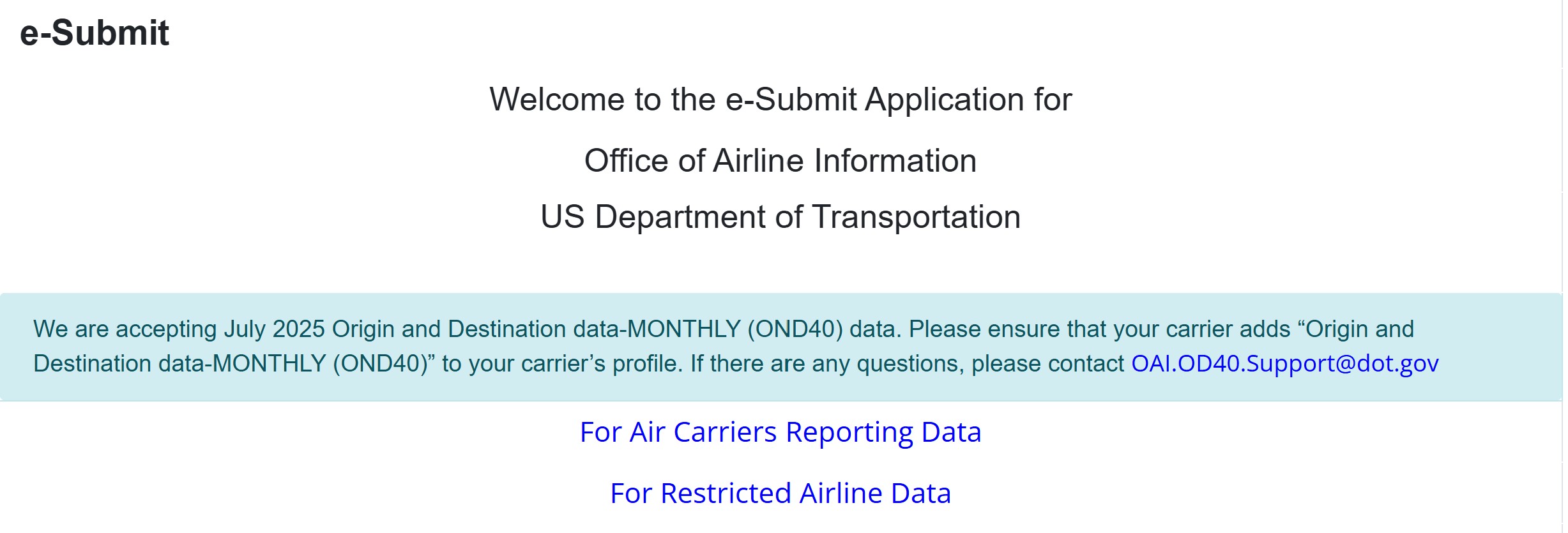 Welcome landing page with two links: For Air Carriers Reporting Data; For Restricted Airline Data